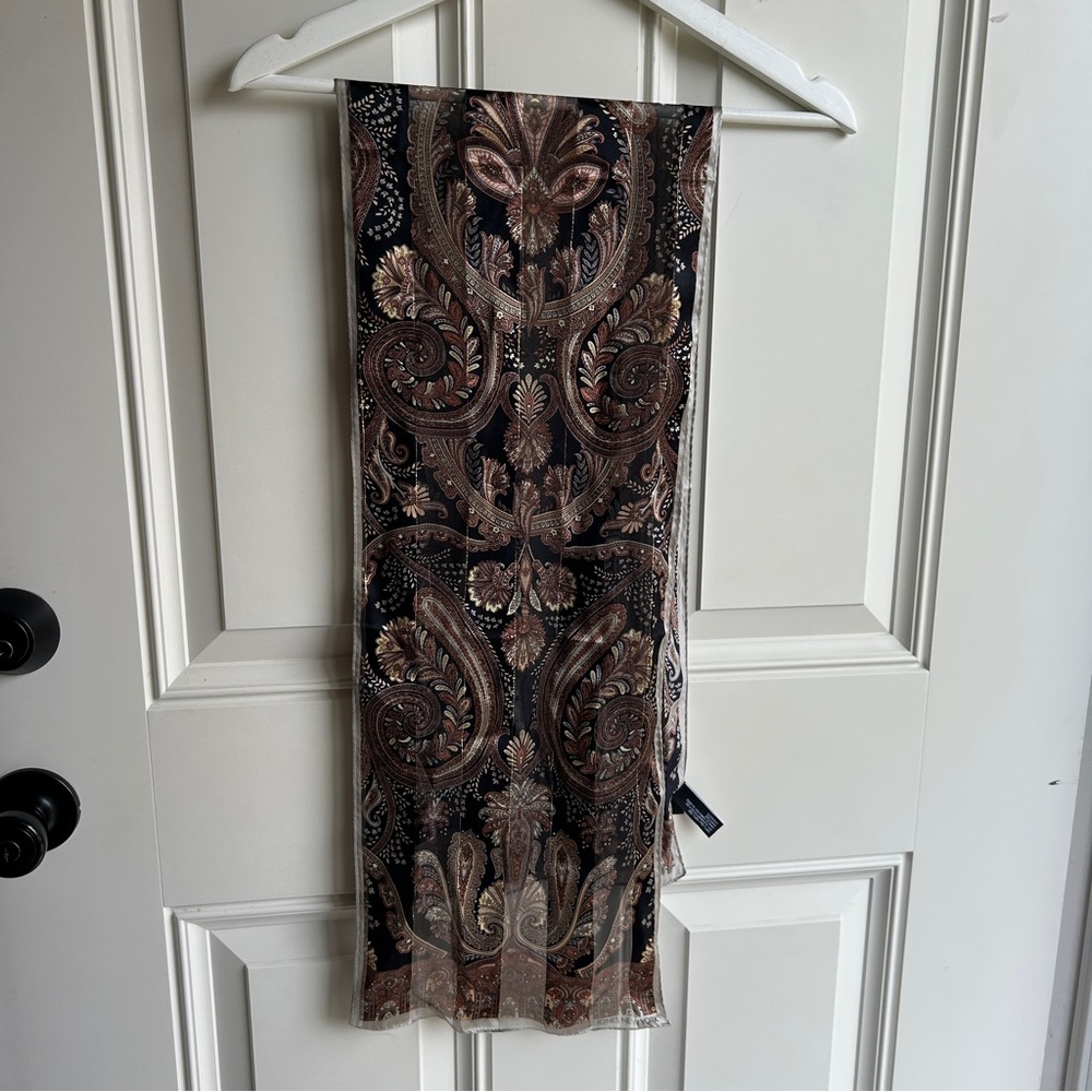 Jones New York Rectangular Scarf 100% Silk Paisley Print Neutral Design